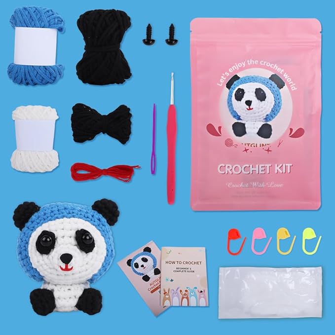 Panda Amigurumi Crochet Kit for Beginners - Classic Black & White Animal DIY Starter Pack with Detailed Video Tutorials | Premium Tube Yarn & Pre-Started Loop | Cute Handmade Gift for All Ages