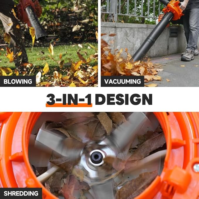 3-in-1 26CC Gas Leaf Blower & Leaf Vacuum Mulcher,Handheld Light Blower with Bag,450CFM 200MPH Gas Powered Leaf Blower for Lawn and Yard Care, Low Vibration 2-Cycle Engine Performance
