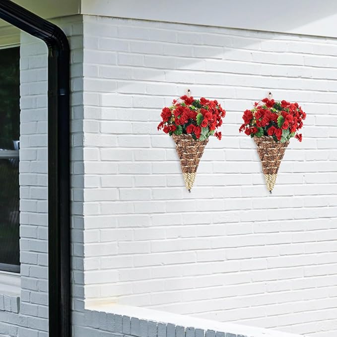 POPETPOP Wall Hanging Flower Pot Rattan Cone Shaped Planter Indoor Wall-Mounted Decorative Basket with Iron Frame Space-Saving Design