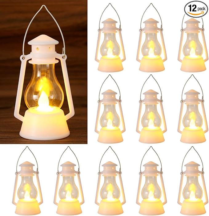 12Pcs LED Mini Vintage Lanterns Decor Indoor Decorative Outdoor Hanging Lantern Decorative Small Candle Lanterns Farmhouse Decor for Wedding Centerpiece,Halloween,Christmas,Farmhouse Decorative
