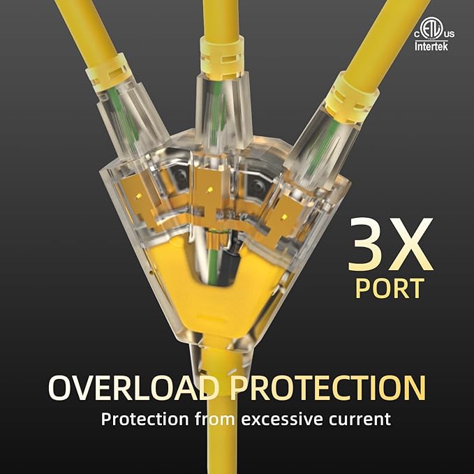 12FT 12 Gauge Heavy Duty Outdoor Extension Cord Waterproof with 3 Outlets Splitter & Lighted End, SJTW 15A 1875W 3 Prong Weatherproof Electric Cable Multi-Plug 3 way Power Cord, ETL Listed for Outside