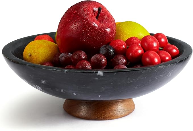 SAMAH Black Marble Fruit Bowl with Acacia Wood Pedestal, Large Decorative Footed Bowl, Natural Stone Centerpiece for Kitchen Counter, Entryway, Keys, Dining Table, House Warming Gifts New Home(11Inch)