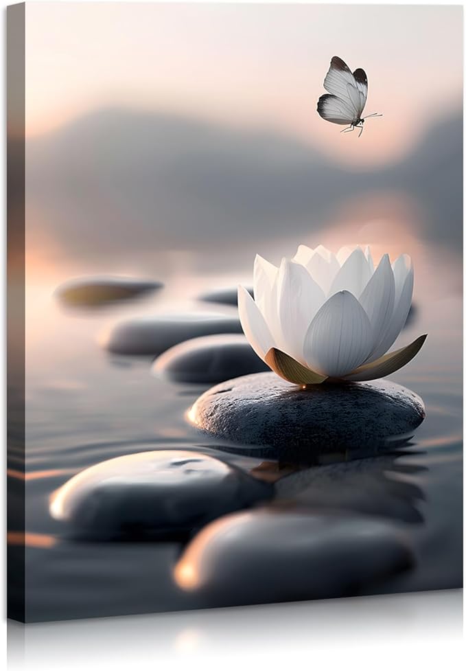 FUNHUA White Lotus Wall Art Canvas Flowers and Stones Spa Butterfly Painting Pictures for Yoga Room Spiritual Room Bathroom Zen Spa Photo Decor Framed Ready to Hang 12X16inches