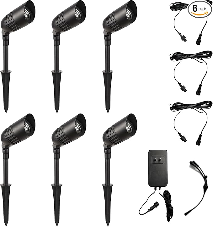6-Pack Low Voltage LED Landscape Spotlights, 3W 200LM 3000K Warm White Outdoor Lights, IP65 Waterproof, Dusk-to-Dawn, CRI>80, with 45W Transformer & 60FT Cable for Yard, Garden, Pathway (Classic)