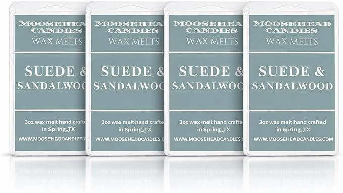 Moosehead Suede & Sandalwood Wax Melts – 4 Pack Soy Blend Melts with Essential Oils – People & Plant Safe – Aromatherapy Home Fragrance – Double Fragrance Load for Large Rooms – Shipping Included
