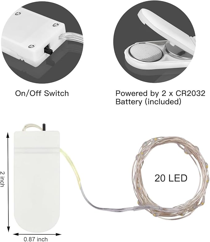 24 Pack Mini Fairy Lights Battery Operated - Long Lasting CR2032 Battery, 6.6ft 20 LED Warm White String Lights for Wedding Centerpieces, Crafts, Mason Jars Decor
