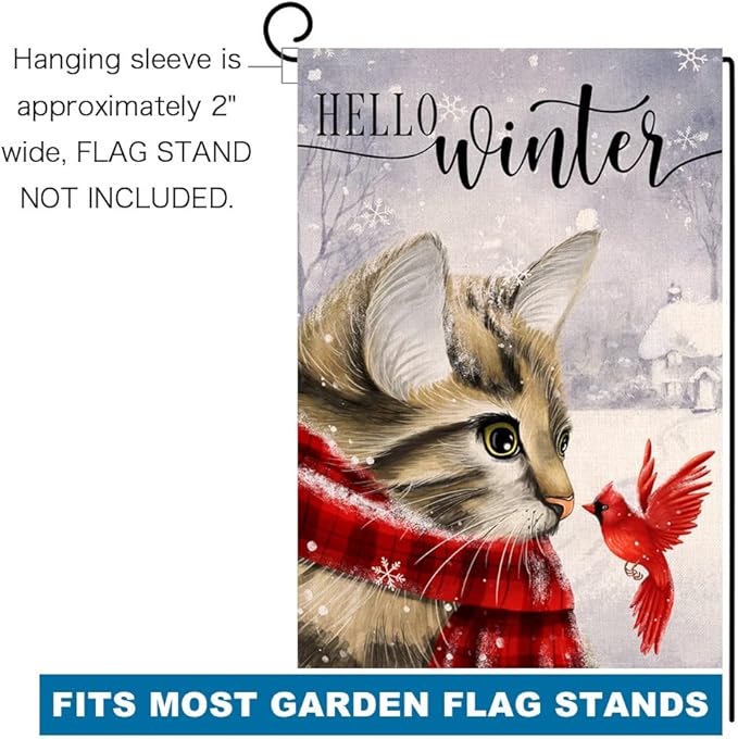Winter Cat Garden Flag 12x18 Vertical Double Sided Cardinal Bird Snow Christmas Holiday Outside Decorations Burlap Yard Flag BW230