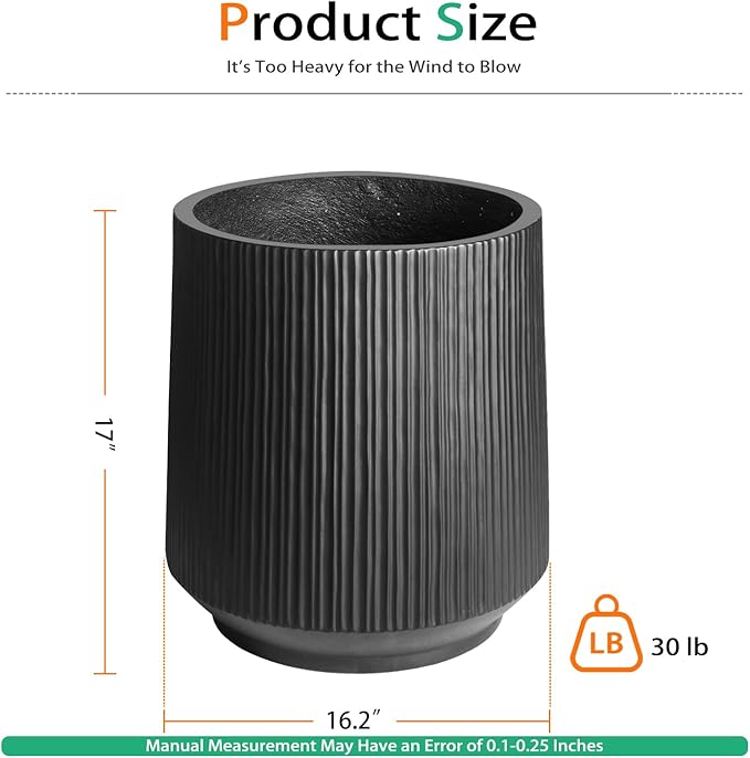 Heyzier Concrete Planter Outdoor Indoor, Large Cement Plant Pots with Saucer for Trees Flowers (Vertical Black, 17 inch)