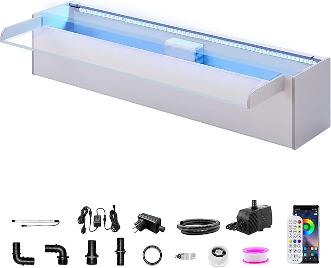 LONGRUN Waterfall Spillway, APP Control Multi-Color LED Light Outdoor Pool Fountain, Acrylic Water Spillway Koi Pond Waterfalls Fountains Kit for Garden Patio Swimming Pool Decoration-23.6"