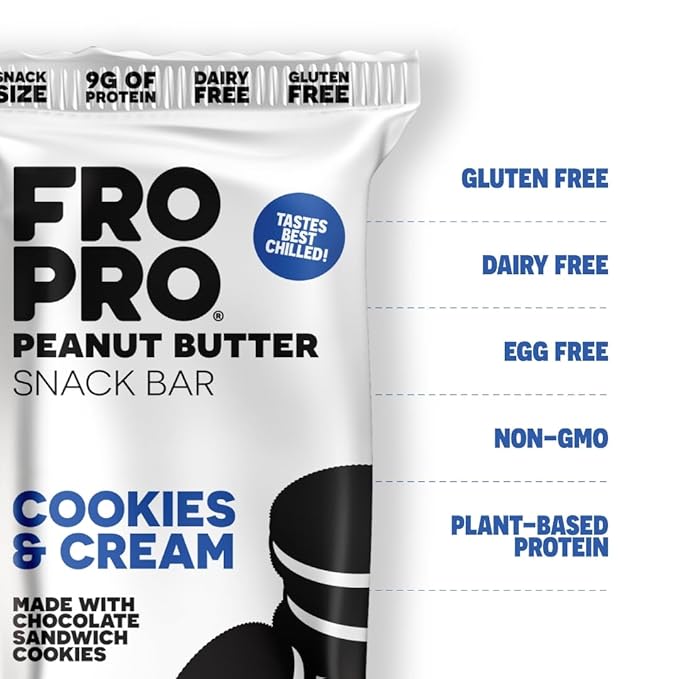 FROPRO Snack Bar - Peanut Butter Snack Bars - Gluten Free, Dairy Free, Non GMO, Plant Based Protein Snacks Bar - Crave-worthy & Great On-the-Go | Cookies and Cream, 24 Pack