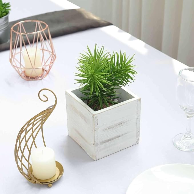 Efavormart 2-Pack 5"x5" Whitewash Wood Planter Boxes with Plastic Liners, DIY Rustic Square Wooden Boxes for Succulents, Table Centerpieces and Wedding Party Decor