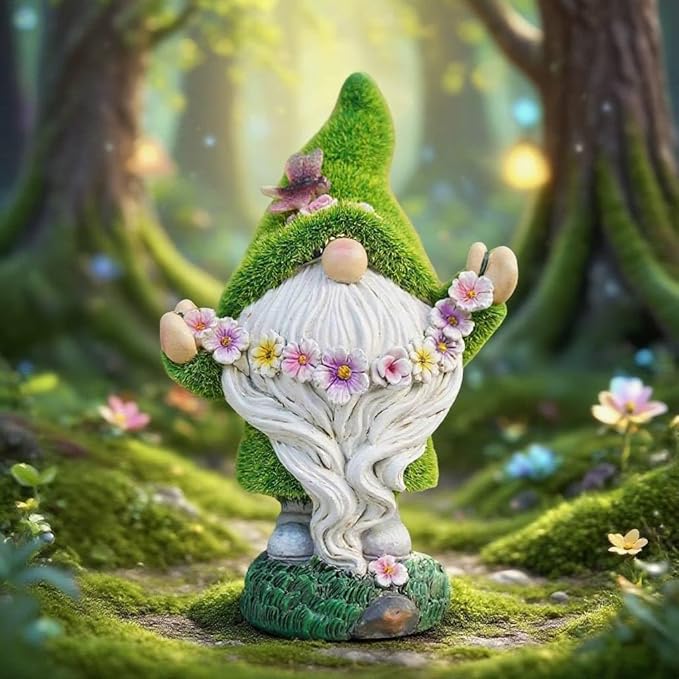 DiliComing Garden Flocked Gnomes Decor for Yard - Artificial Green Moss Gnome Statue with Solar Light, Dwarf Sculpture for Outdoor Patio Porch Lawn Decor, Spring Decorations for Home