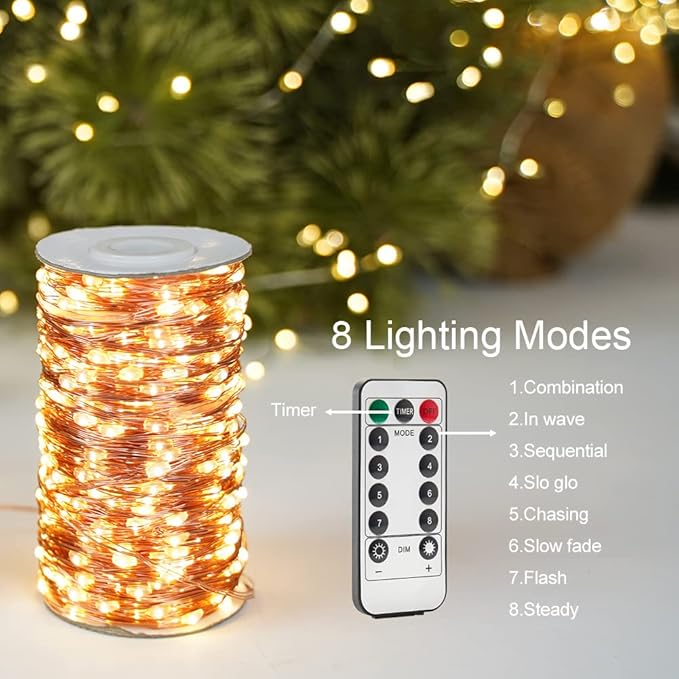 66Ft Warm White Plug in Fairy Lights 200 LED Waterproof Copper Wire String Lights Twinkle Lights with Remote for Christmas Tree Bedroom, Porch, Patio, Garden Wedding Party