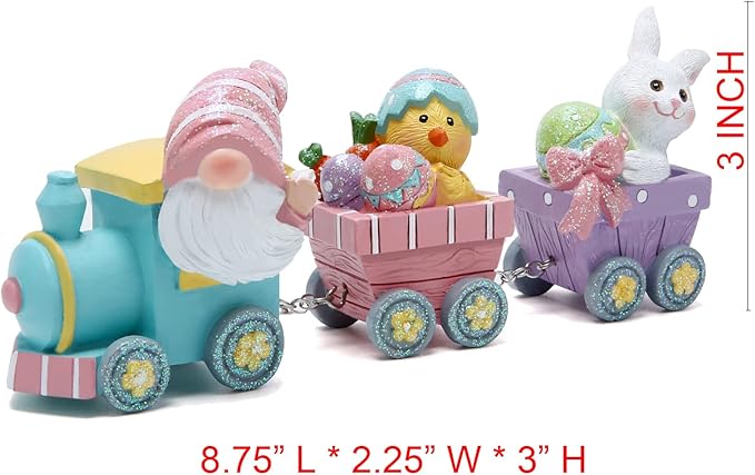 Hodao 8.75" Easter Gnomes Train Decorations, Spring Bunny Handmade Train Figurines for Easter Party Table Top Figurines (Multicolor)