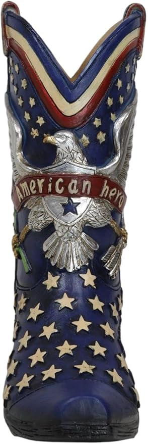 Ebros Gift Rustic Country Patriotic Blue USA Flag Western Stars American Hero USA Eagle Great Seal Crest Cowboy Boot Decorative Flower Bouquet Vase Or Planter Figurine 9" High