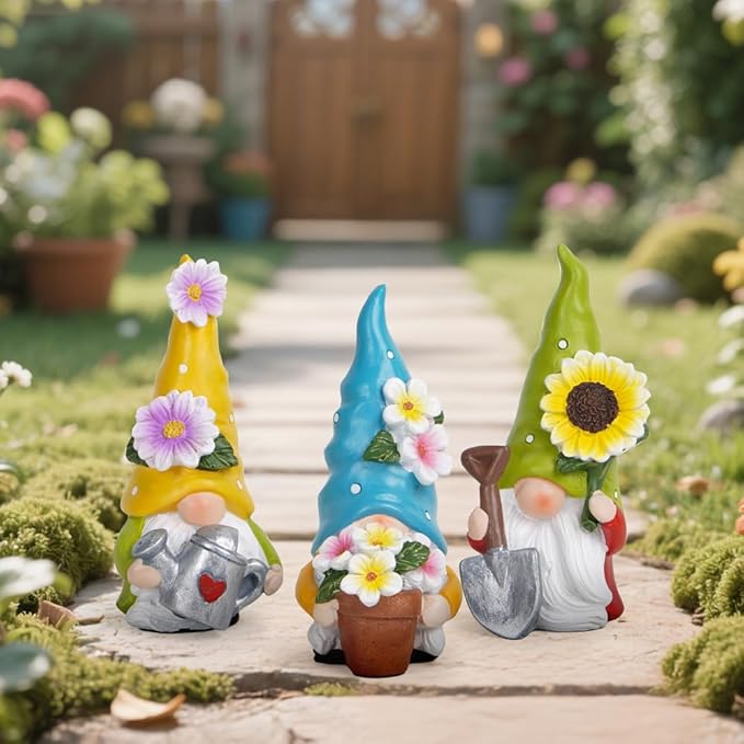 Hodao Spring Decorations for Home - Colorful Garden Gnomes Figurines with Flowers & Tools – Spring Summer Indoor Outdoor Decor for Table, Lawn, Window Sill – Gift for Garden Lovers