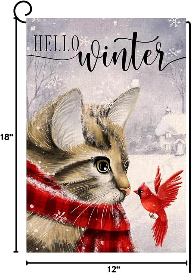 Winter Cat Garden Flag 12x18 Vertical Double Sided Cardinal Bird Snow Christmas Holiday Outside Decorations Burlap Yard Flag BW230