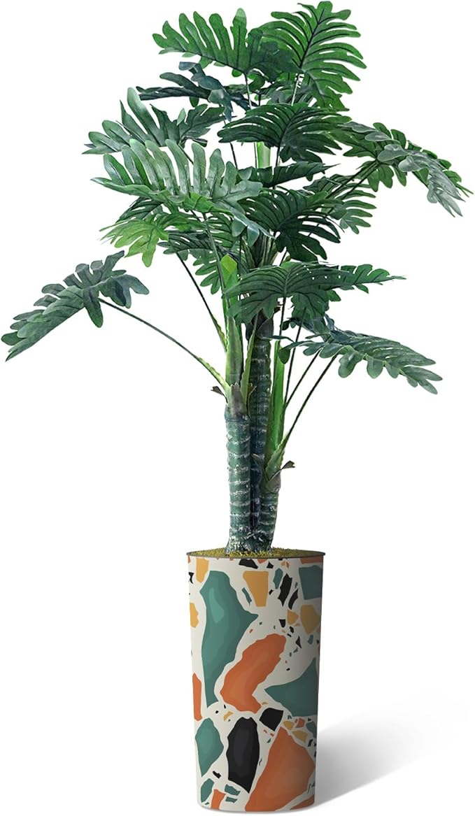 Artificial Tree in Modern Geometric Pattern Planter, Fake Philodendron Tree Silk Tree for Indoor and Outdoor Home Decoration - 70" Overall Tall (Plant Pot Plus Tree)
