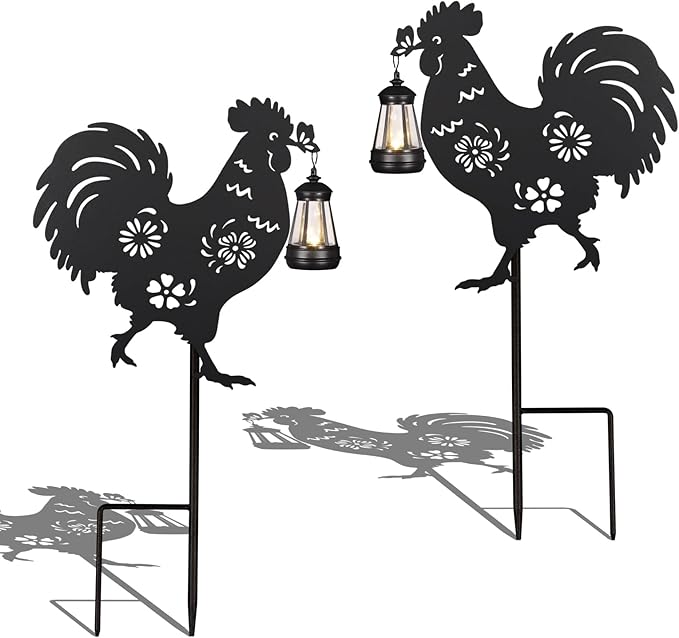 2Pack Solar Outdoor Garden Lights Stakes Solar Metal Flower Rooster Lawn Deco Statue Ideal for Chicken Lovers for Yard Art, Outside, Patio, Outdoor Decor, Garden Decorations, Lawn Ornaments