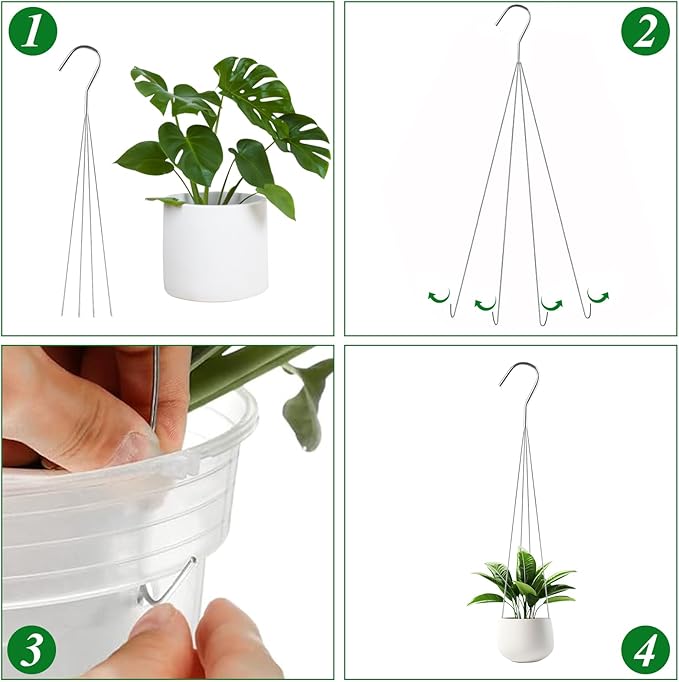 GBACHOOSE 24 Pack 24" 4 Wire Steel Hook Hanger, Pot Hangers for Plants, Wire Plant Hangers for Hanging Baskets, Plant Hanger for Indoor Outdoor Patio Garden