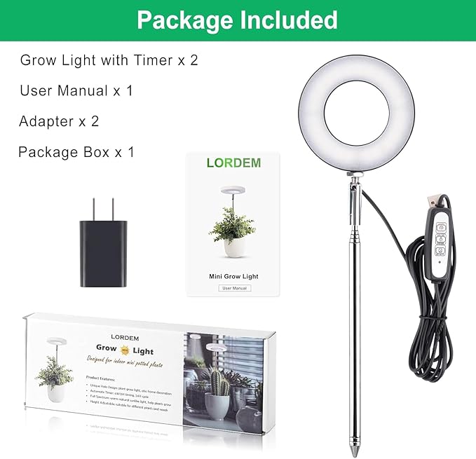 LORDEM Plant Grow Light, Full Spectrum LED Plant Light for Indoor Plants, Growing Lamp with Auto On/Off Timer, 4 Dimmable Brightness, 2 Packs of Black