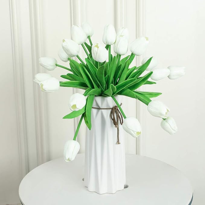 Kisflower 30Pcs Latex Tulips Real Touch White Artificial Flowers Fake Tulips Arrangement Bouquet for Home Office Wedding Decor (White)