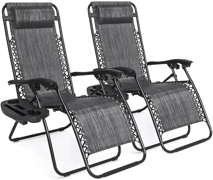 EZONE Zero Gravity Lounge Chairs Outdoor Adjustable Reclining Patio Chair Steel Mesh Folding Recliner for Pool Beach Camping Lounge Chair with Pillows and Cup Tray (2, Grey)