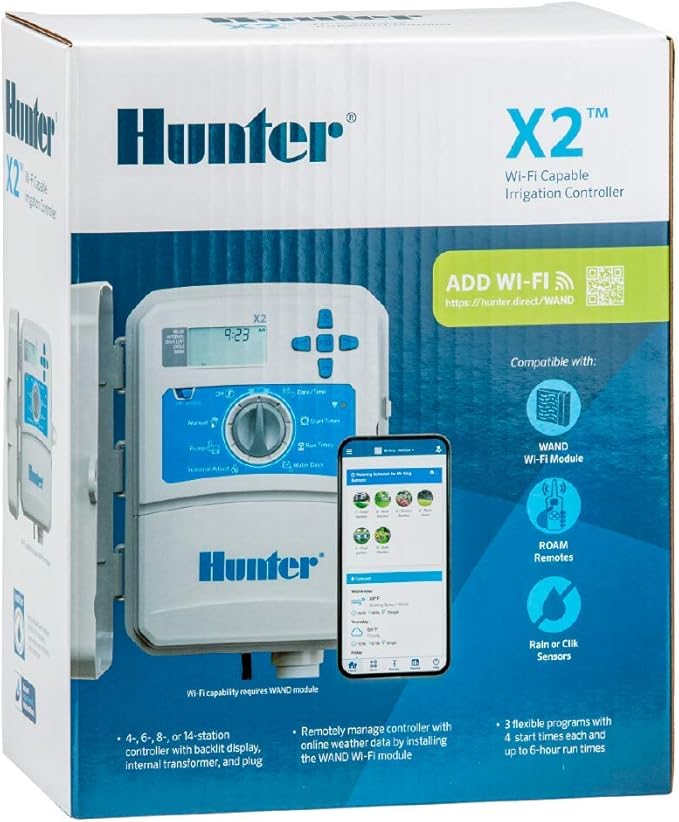 Hunter X2 4 Zone Sprinkler Controller, Outdoor Irrigation Timer for Lawn and Garden, Smart Watering with Weather-Based Scheduling and Cycle and Soak, Smart Controller Ready with Optional WiFi Module