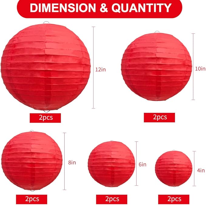 BEISHIDA Red Round Paper Lanterns Decorative Hanging Asia Chinese Japanese Paper Lanterns Lamp for Birthday Wedding Baby Shower Valentine's Day Anniversary Christmas Home Party Decoration(10 Packs)