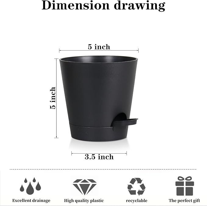 zople 5 Pack 5 inch Self-Watering Pots, African Violets Planter with Drainage Holes and Reservoir, Black Plastic Planter for Indoor Outdoor Plants Flowers and Houseplants Black, 5 inch 5 pcs