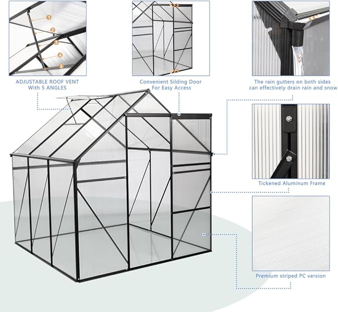 6x6 FT Polycarbonate Greenhouse Raised Base and Anchor Aluminum Heavy Duty Walk-in Greenhouses for Outdoor Backyard in All Season Black