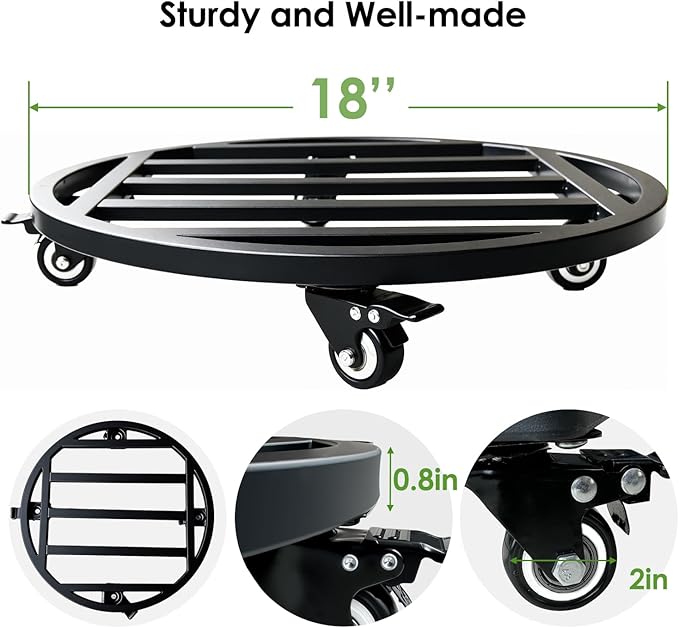 Hongsane 18" Round Plant Stand with Wheels Heavy Duty,Large Metal Plant Caddy Indoor Outdoor Use,Rolling Plant Dolly with Industrial Casters,Rust-Proof Black Plant Tray for Large Planters Pots,1-Pack