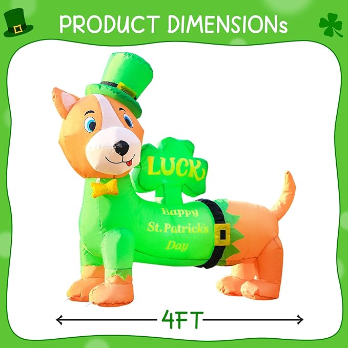 DomKom St. Patricks Day Inflatable Decorations, 4ft Cute Dog Dachshund Blow Up Lucky Day Décor Built-in LED Lights Carrying Good Luck Shamrock for Outdoor Holiday Party Lawn Yard Garden Patio