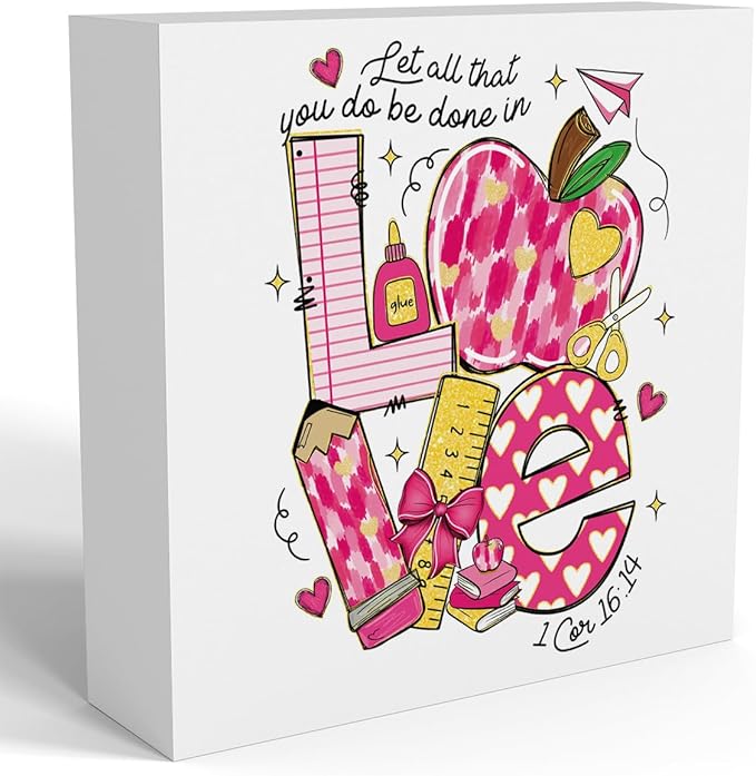 Teacher Valentine Decor Gift, Vintage Valentines Day Gifts for Teachers, Teacher Appreciation Gifts, Birthday Retirement Thank You Gift, Pink Love Pencil Wooden Box Sign for Office Desk Decor