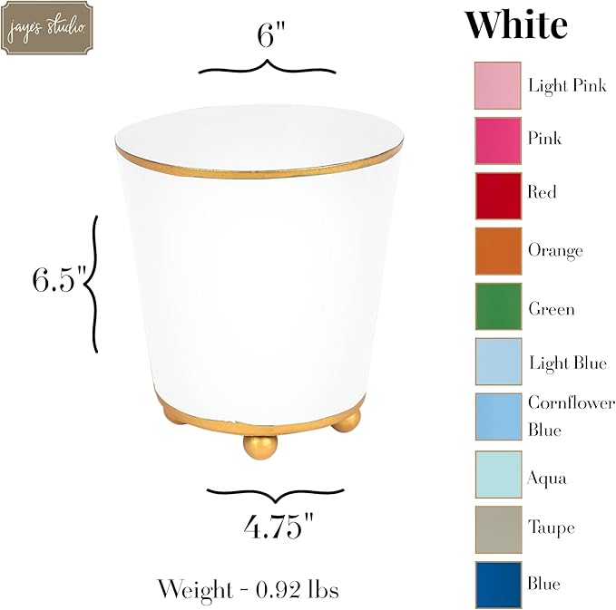 Jaye's Studio Mattie White, Decorative Round Cachepot & Planter, Matte White, Gold Trim & Finish, Hand-Painted, Handcrafted Metal, Luxury Indoor Planter, Size 6"