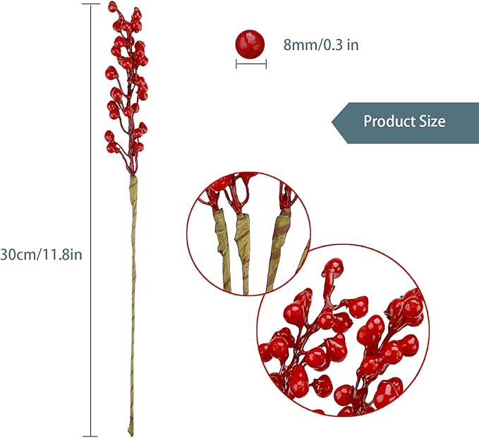 16 Pack Artificial Red Berry Stems Holly for Christmas Tree Decorations for Crafts, Holiday and Home Decor
