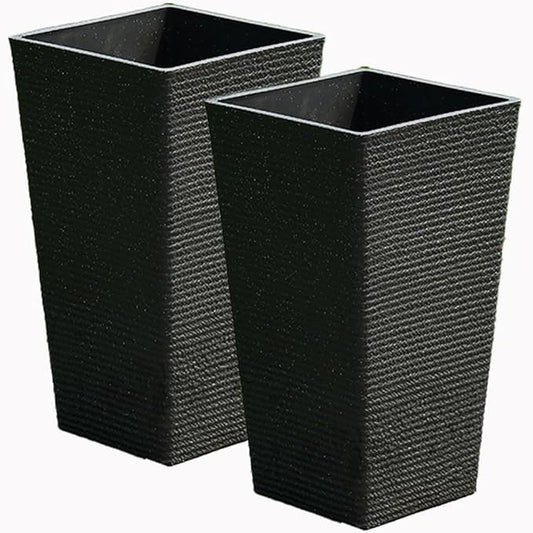 KIFFUN 2 Sets Large Tall Black Planter for Outdoor or Indoor Plants Faux Stone Tall Flower Pots Tapered Resin Plastic Planters Box for Porch Patio Garden Front Door Decor 21''H*12''W