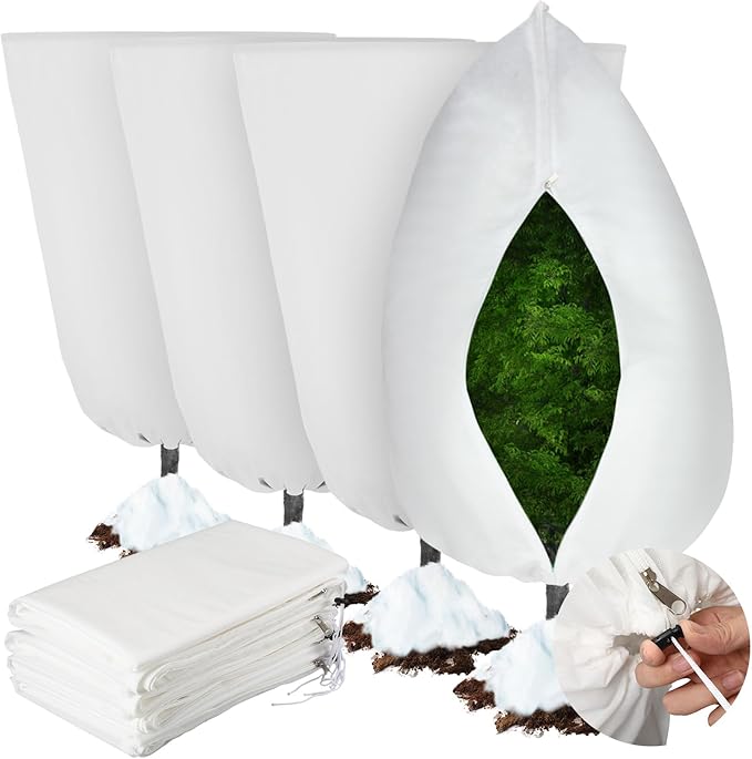 Vincreem 4 Pcs Plant Covers Freeze Protection 35.4" x 59" Winter Frost Blankets for Outdoor Plants with Zipper Drawstring Frost Cloth Freeze Covers Warm Shrub Jacket for Fruit Tree Potted(White)