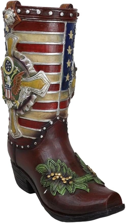 Ebros Gift Rustic Western Country USA American Flag Military Cross Olive Branch Cowboy Boot Decorative Flower Bouquet Vase Or Planter Figurine 9" High Southwestern Centerpiece
