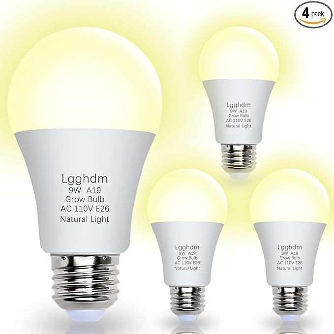 4 Pack Grow Light Bulbs-A19,LED Grow Bulb for Indoor Plants,Full Spectrum, 9 W Grow Light Bulb Replace up to 100W, Grow Light for Indoor Plants, Seedlings, Greenhouse, Hydroponic