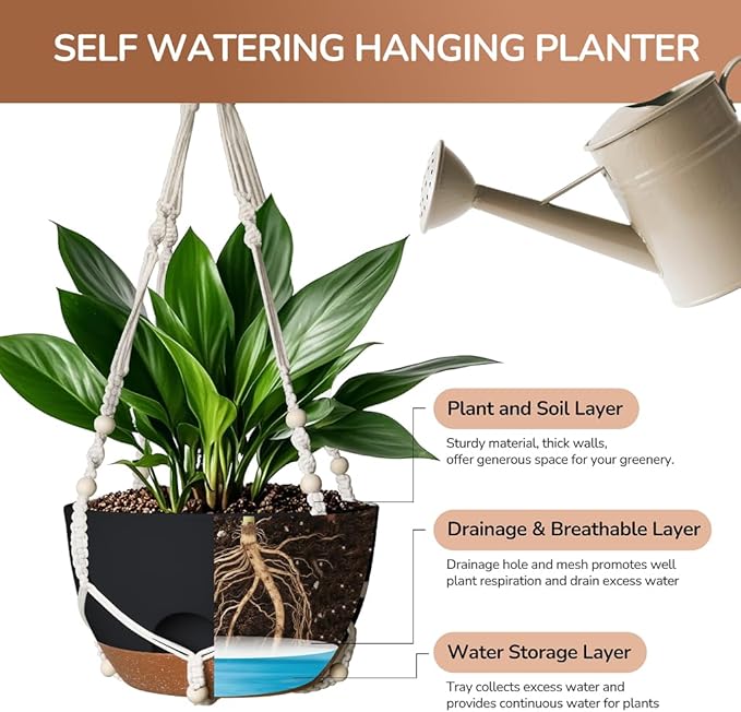 LESOASIS 12 Inch Hanging Baskets for Plants Outdoor, Hanging Planters for Indoor Outdoor Plants, Hanging Planter with Self Watering, Hanging Flower Pots (Black Planter with Macrame + Iron Hangers)