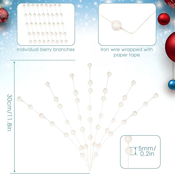 Syhood 200 Pcs Glitter Berry Stems, 13.8 Inches Christmas Berry Picks Holly Branches for Christmas Tree Decorations, Holiday Ornaments Home Decor and DIY Crafts(White)