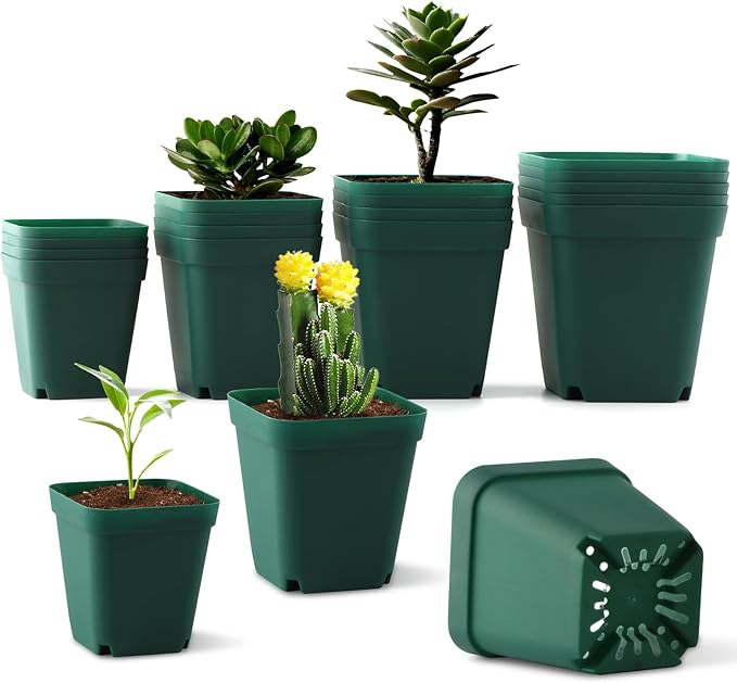 RooTrimmer Square Nursery Pots Clearance (2.7", 3", 3.5", 4") with Drainage Holes 20 Pcs, Plastic Seed Starting Pots, Sturdy and Durable Seedling Pots for Planting, Cuttings and Transplanting, Green