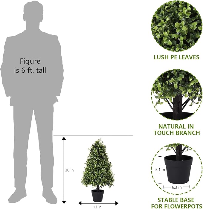 Azoco 30" Artificial Boxwood Topiary Trees Outdoor Set of 2 - UV Resistant Faux Plants for Front Porch Outside Planter, Realistic Fake Cone-Shaped Bushes & Shrubs 2.5ft