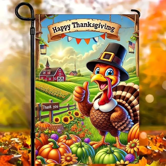 Thanksgiving Turkey Garden Flag Double Sided 12x18 Inch Happy Fall Pumpkin Farm Yard Flag Cartoon Turkey Banner Autumn Harvest Outdoor Lawn Porch Farmhouse Decoration Seasonal Holiday Home Decor