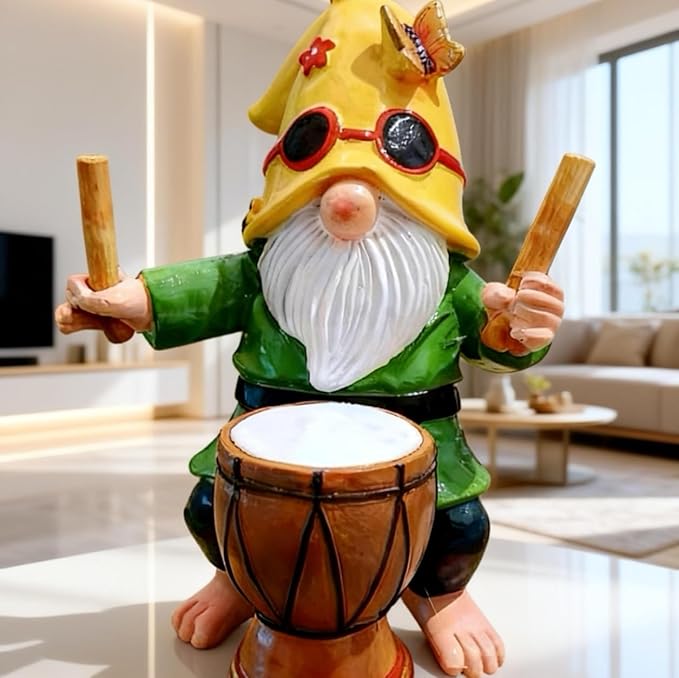 Garden Gnome Outdoor Decorative Statue, Yellow Hat with Sunglasses, Green Outfit, Drummer Design for Patio and Lawn Decor