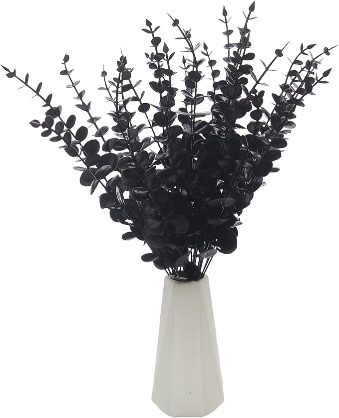 Tinsow 26 Pcs Black Artificial Eucalyptus Stems Faux Halloween Flowers Eucalyptuses Real Touch Leaf Centerpiece Home Decor (26, Black)