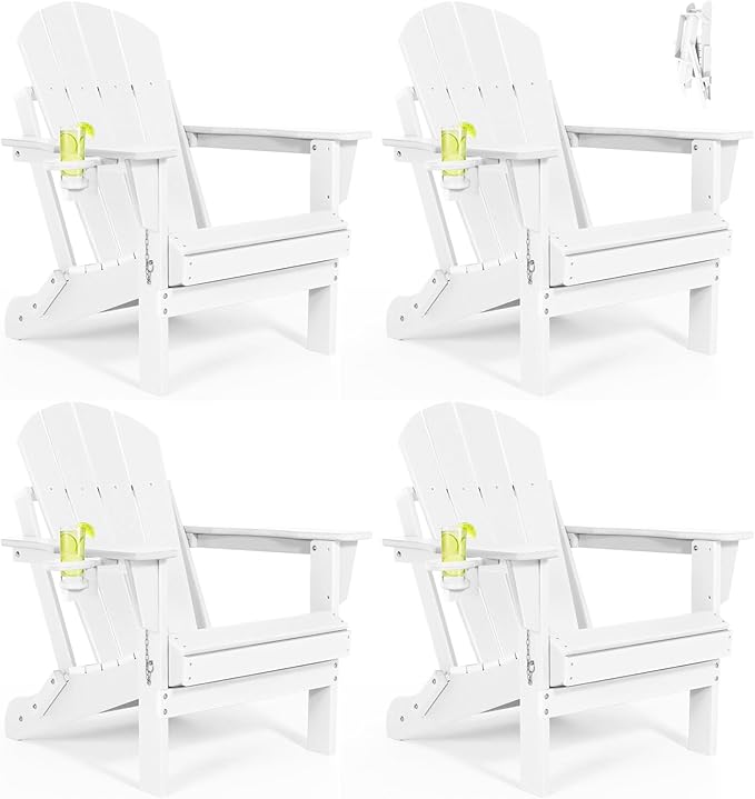 Folding Adirondack Chairs Set 4- Plastic Adirondack Chairs with Cup Holder, Weather Resistant for Outdoor, Patio, Lawn, Garden, Backyard Deck, Fire Pit - White