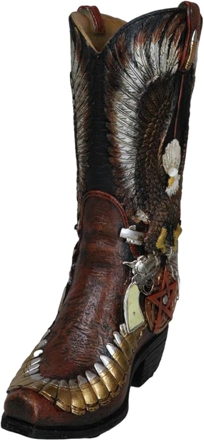 Ebros Gift Rustic Country Western Wild West Bald Eagle with Open Wings Clutching Crossed Revolver Guns and Pentagram Star Faux Tooled Leather Cowboy Boot Decorative Flower Vase Or Planter Figurine