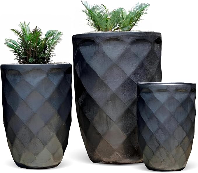 PLANTATOREM Medium High Diamond Planter Set of 3 - Matte Black 18 D X 26 H - Fashion Design Ceramic with Drainage Holes and Drip Pan for Indoor and Outdoor Use - Elegant Glaze Finish